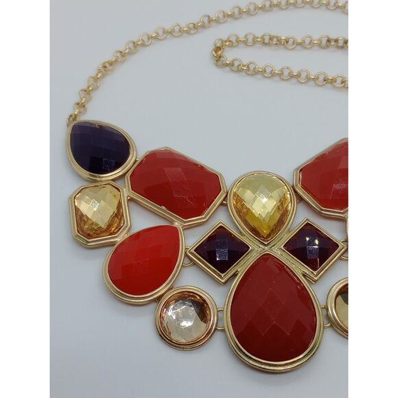 Red Brown Gold Tone Faceted Rhinestone 18-21" Chain Statement Necklace - Picture 4 of 6